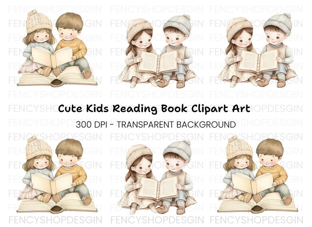 Cute Kids Reading Books Clipart Bundle