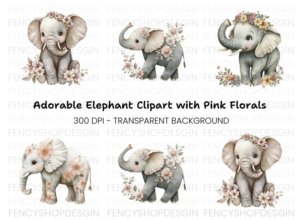 Cute Floral Elephant Clipart Bundle