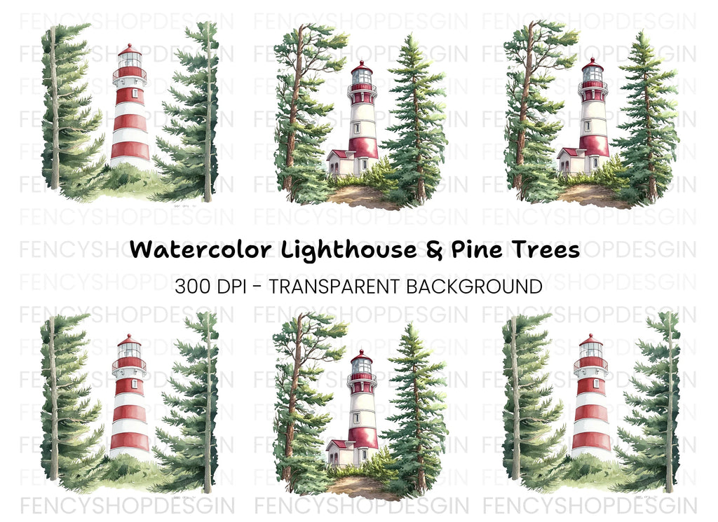 Lighthouse and Pine Trees Clipart Bundle