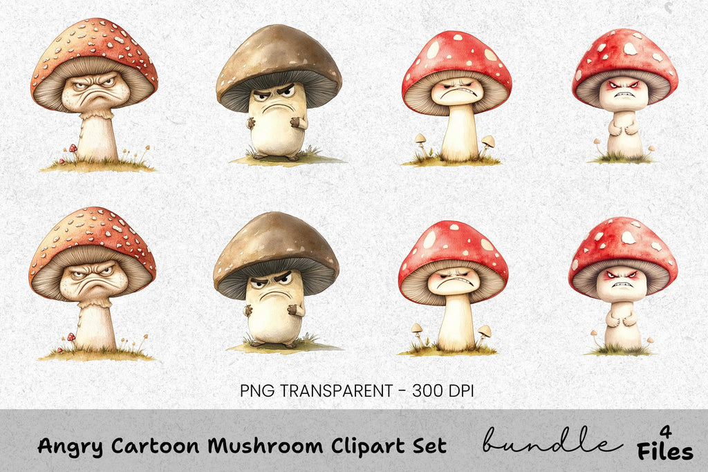 Angry Cartoon Mushroom Clipart Bundle
