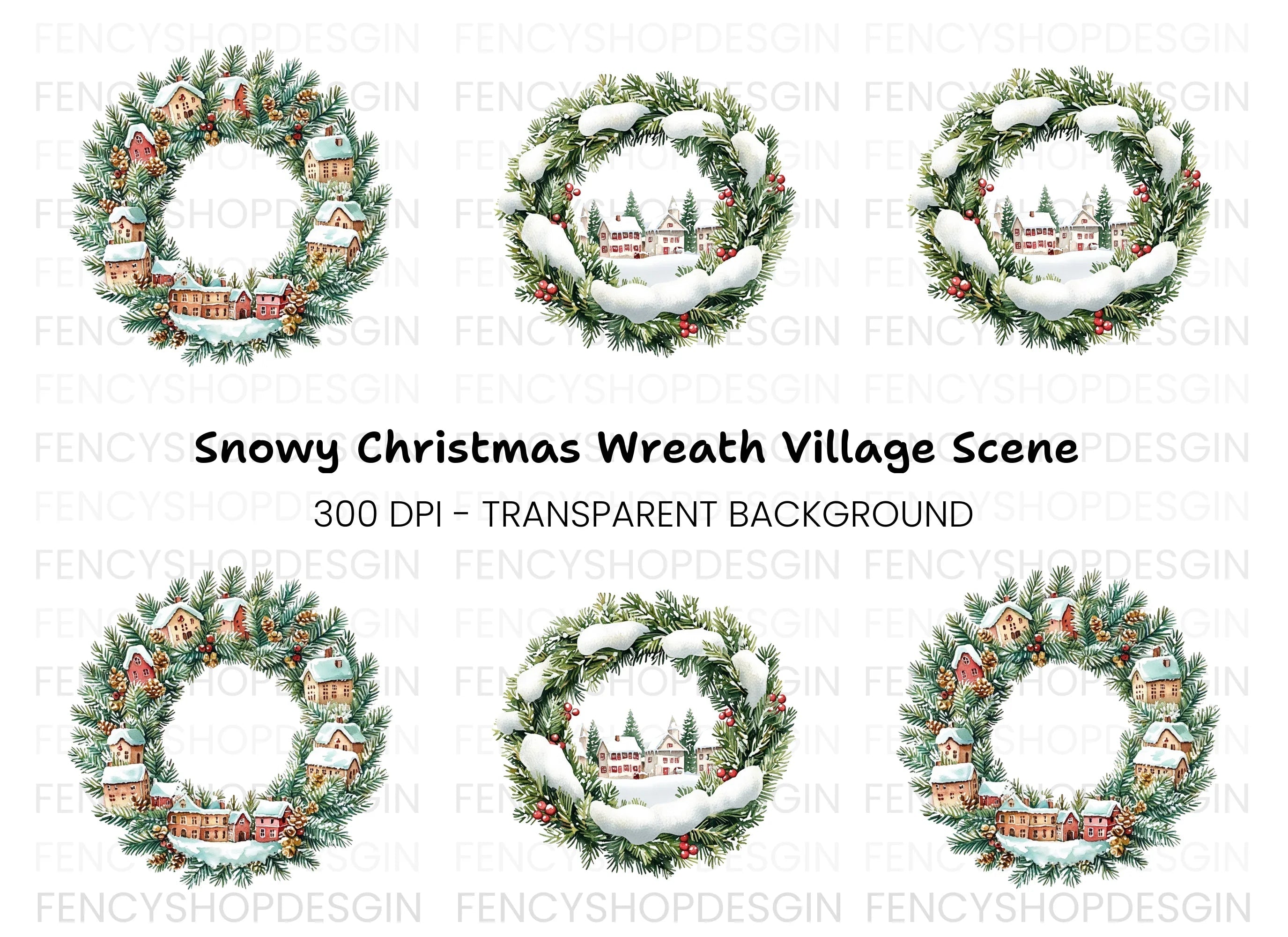 Christmas Village Wreath Clipart Bundle