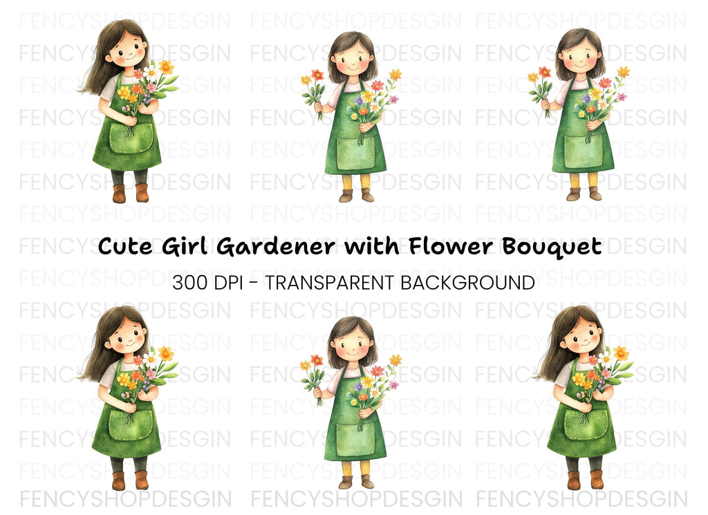 Cute Girls with Flower Bouquets Clipart Bundle