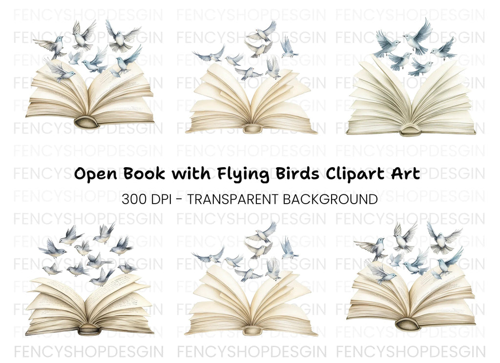 Open Books with Flying Doves Clipart Bundle