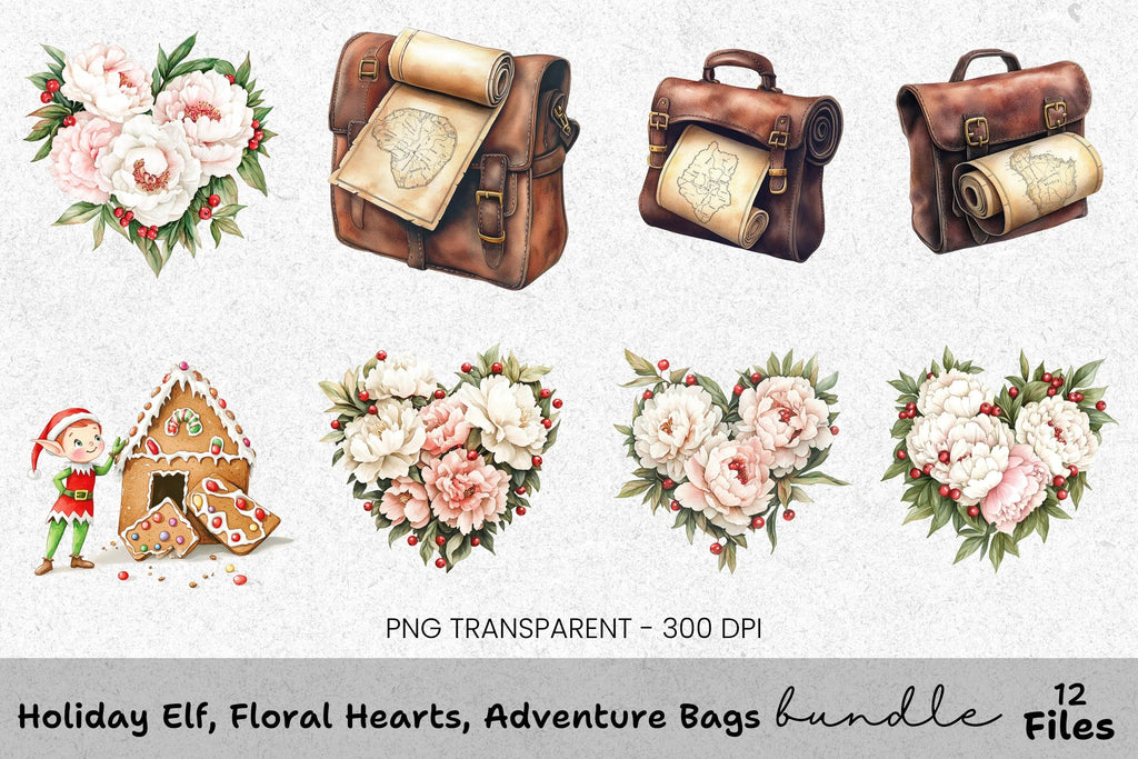Holiday Elf Floral Hearts Adventure Bags Clipart Bundle