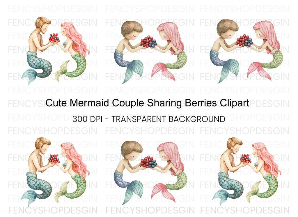 Sweet Mermaid Couple with Berries Clipart Bundle