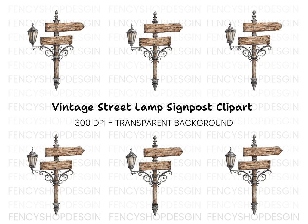 Vintage Wooden Signpost with Lantern Clipart Bundle
