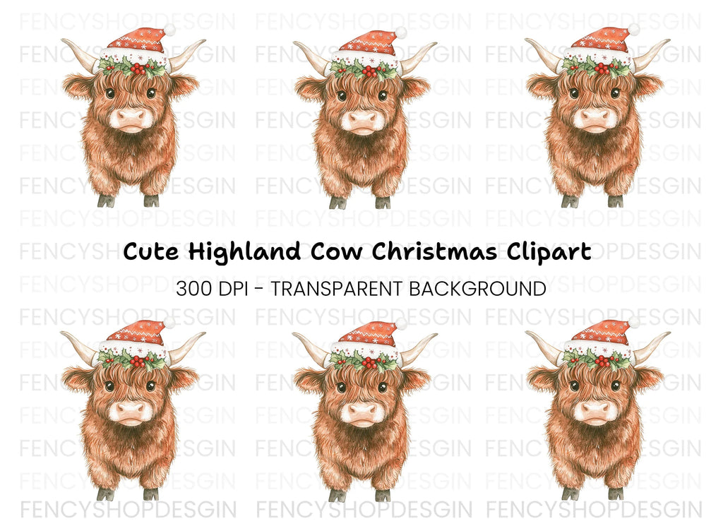 Highland Cow Christmas Hat Clipart Bundle