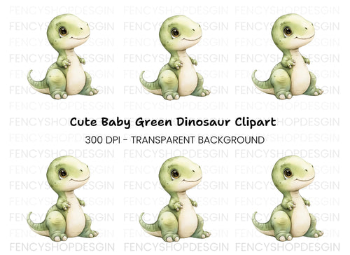 Adorable Green Baby Dinosaur Clipart Bundle