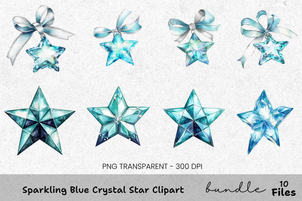 Sparkling Blue Crystal Star Clipart Bundle