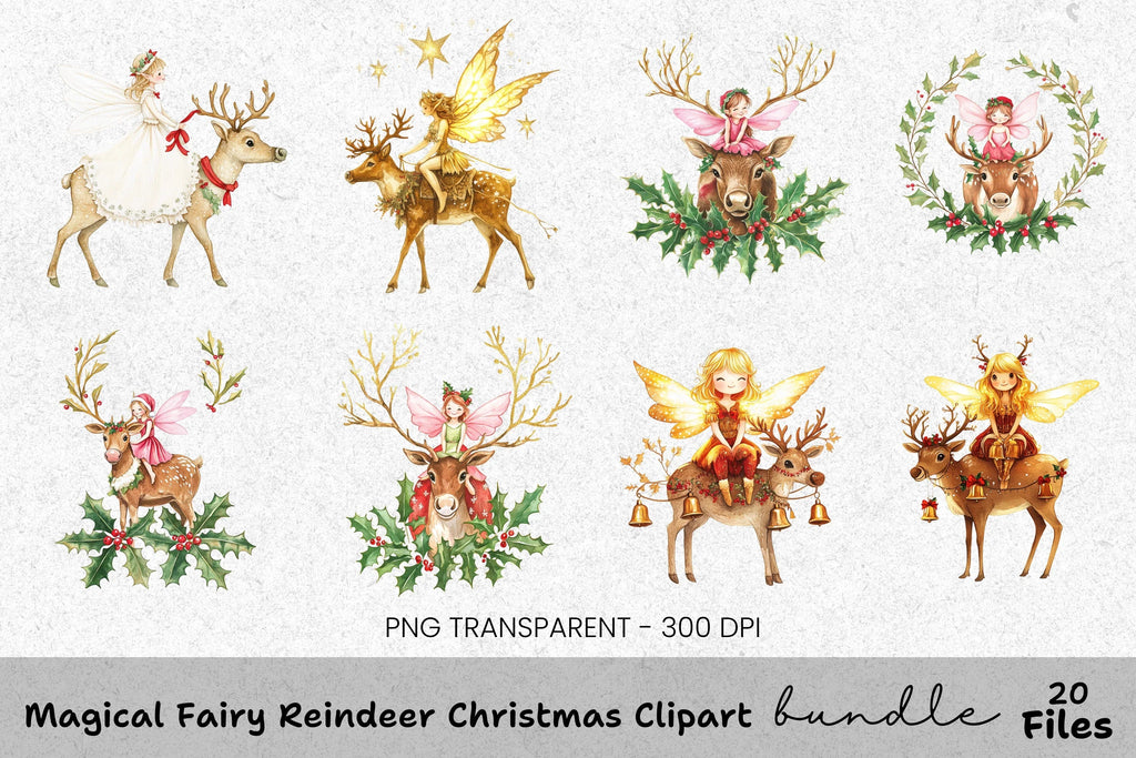 Christmas Fairies Riding Reindeer Clipart Bundle