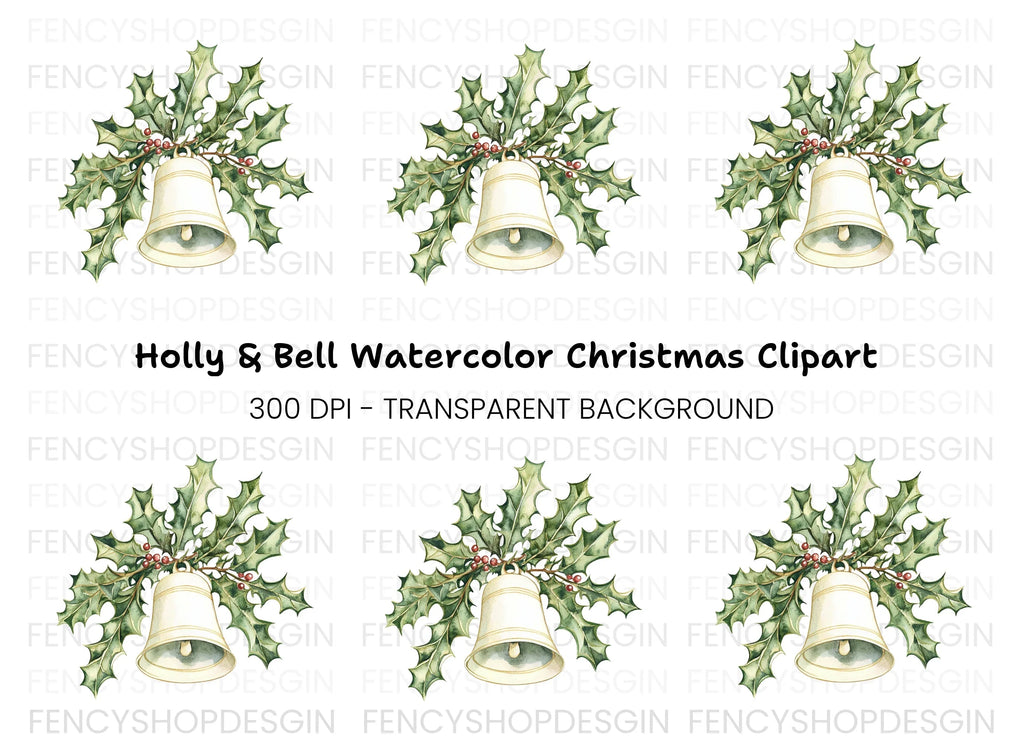 White Christmas Bell with Holly Clipart Bundle