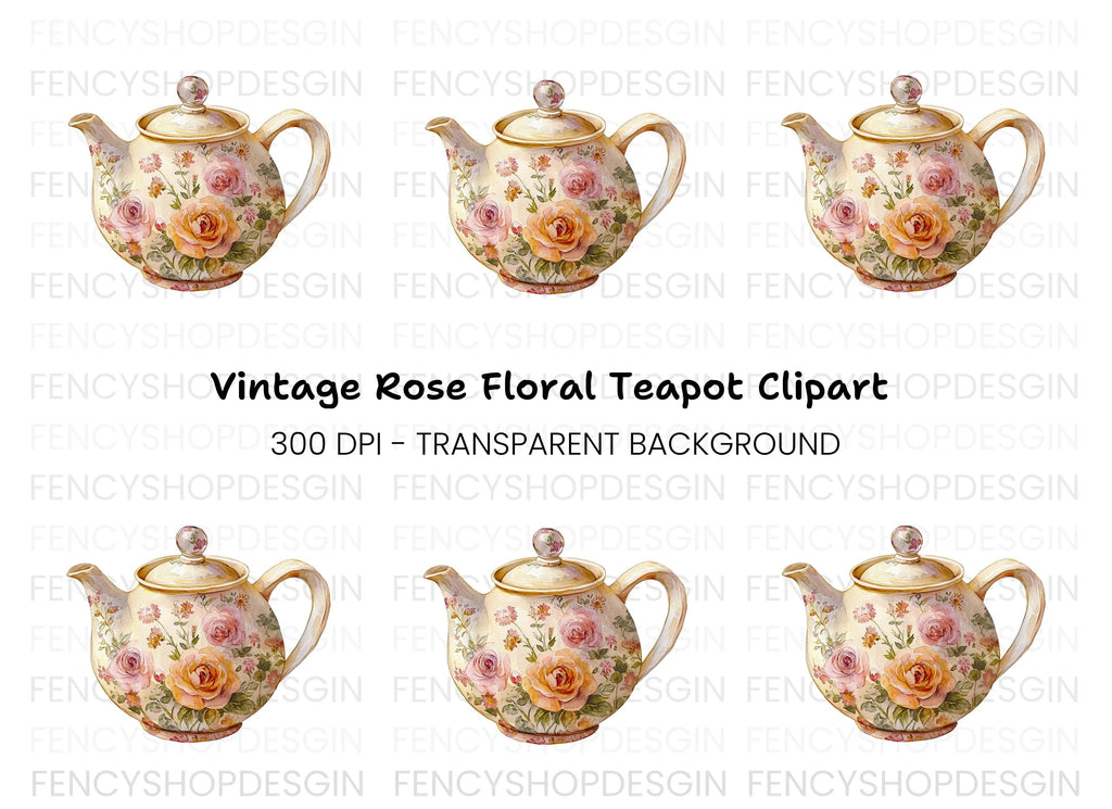 Elegant Rose Teapot Clipart Bundle
