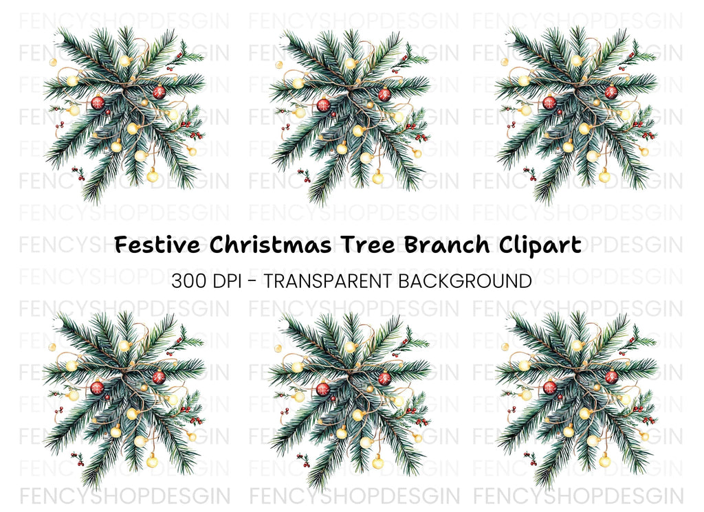 Christmas Pine Branch with Lights Clipart Bundle