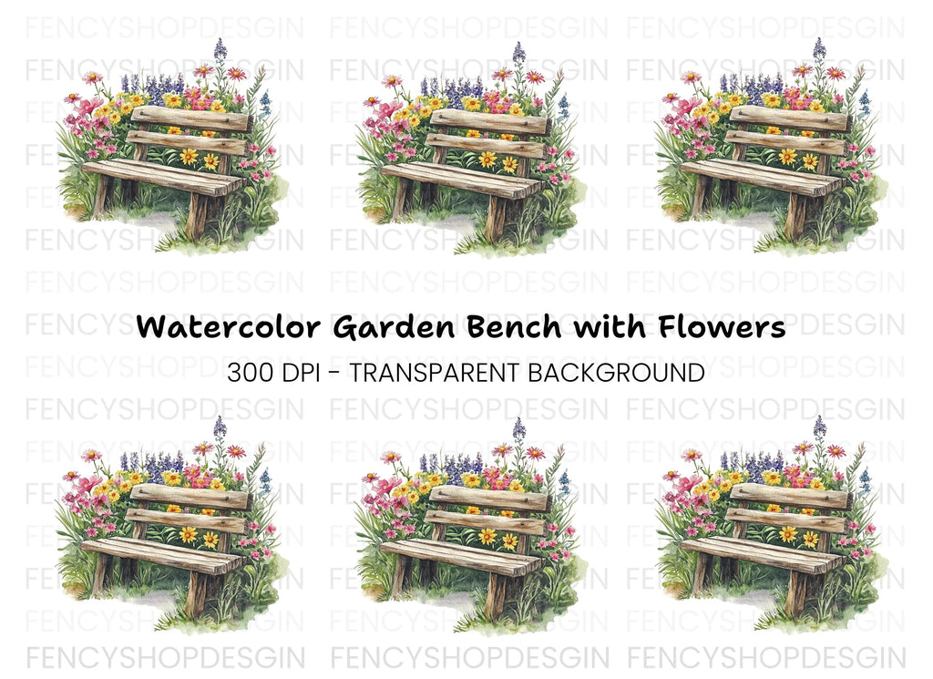 Rustic Bench in Blooming Garden Clipart Bundle