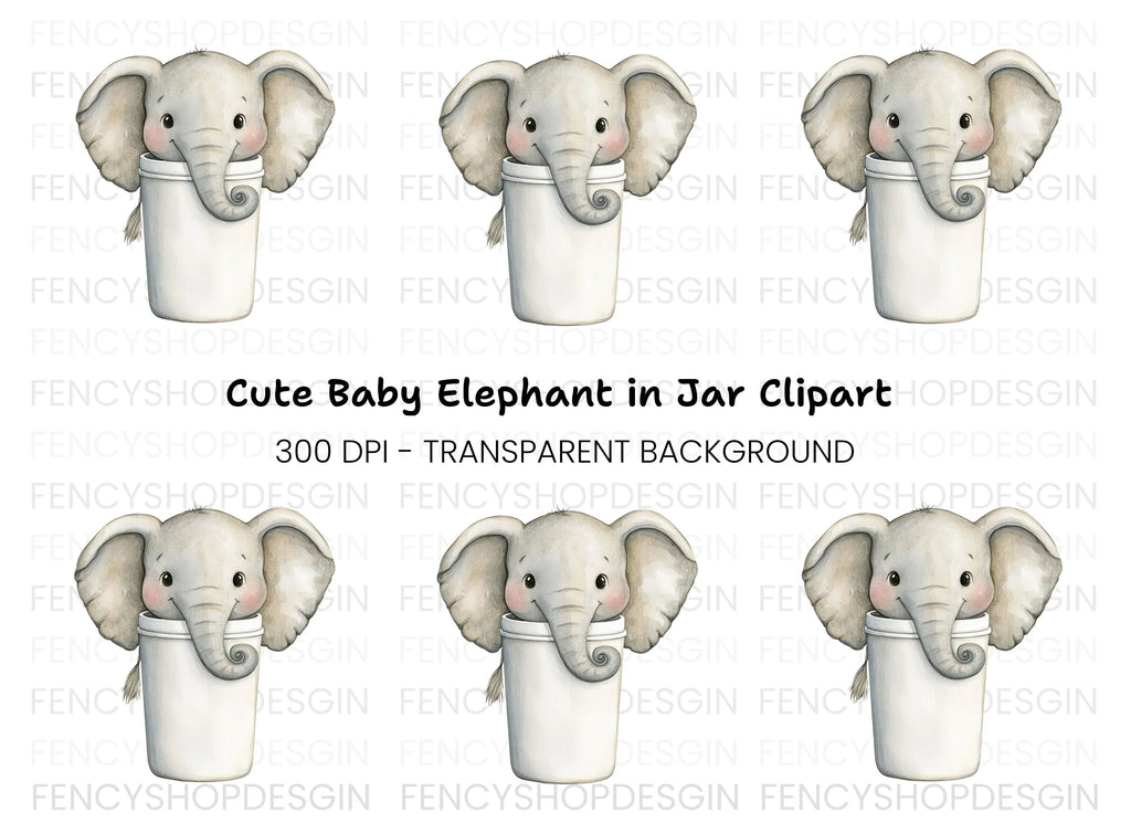 Cute Baby Elephant in Coffee Cup Clipart Bundle