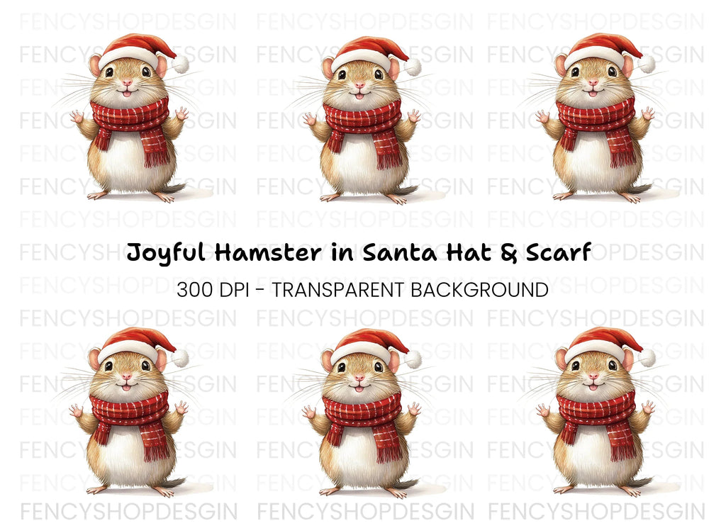 Festive Hamster in Santa Hat and Scarf Clipart Bundle