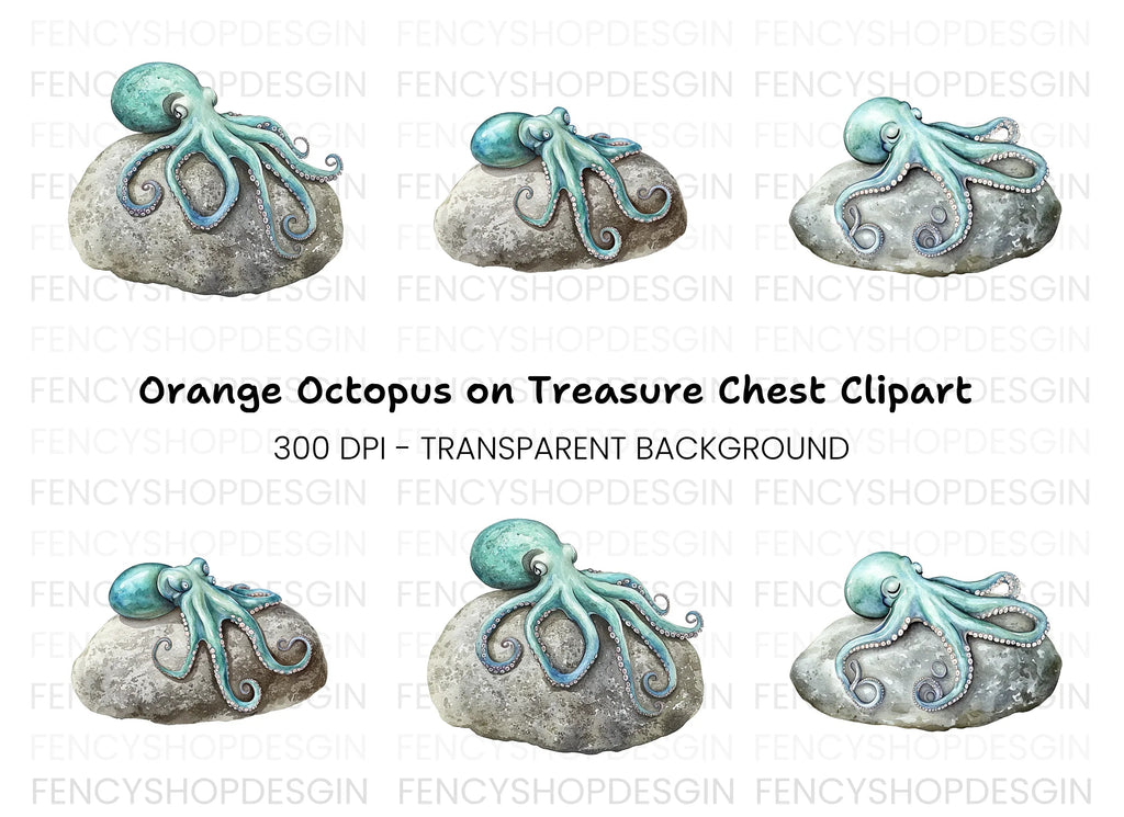 Blue Octopus on Rock Clipart Bundle