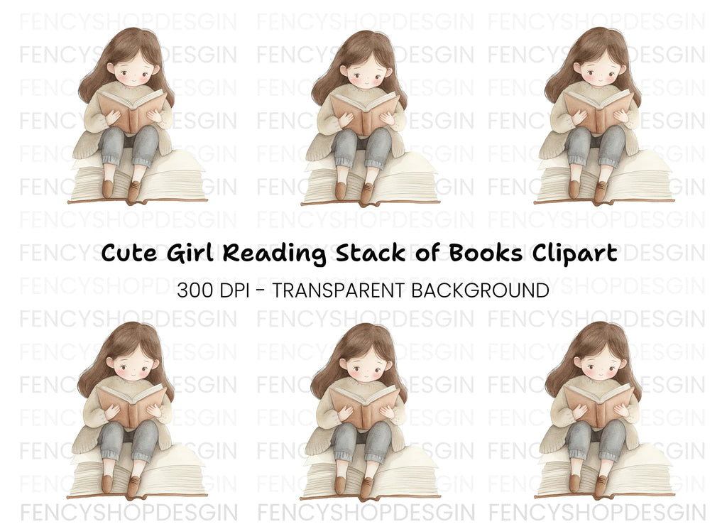 Cute Girl Reading Book Clipart Bundle