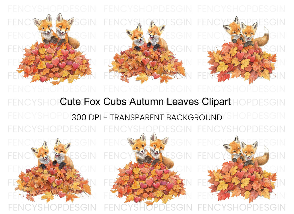 Cute Fox Cubs in Autumn Leaves Clipart Bundle