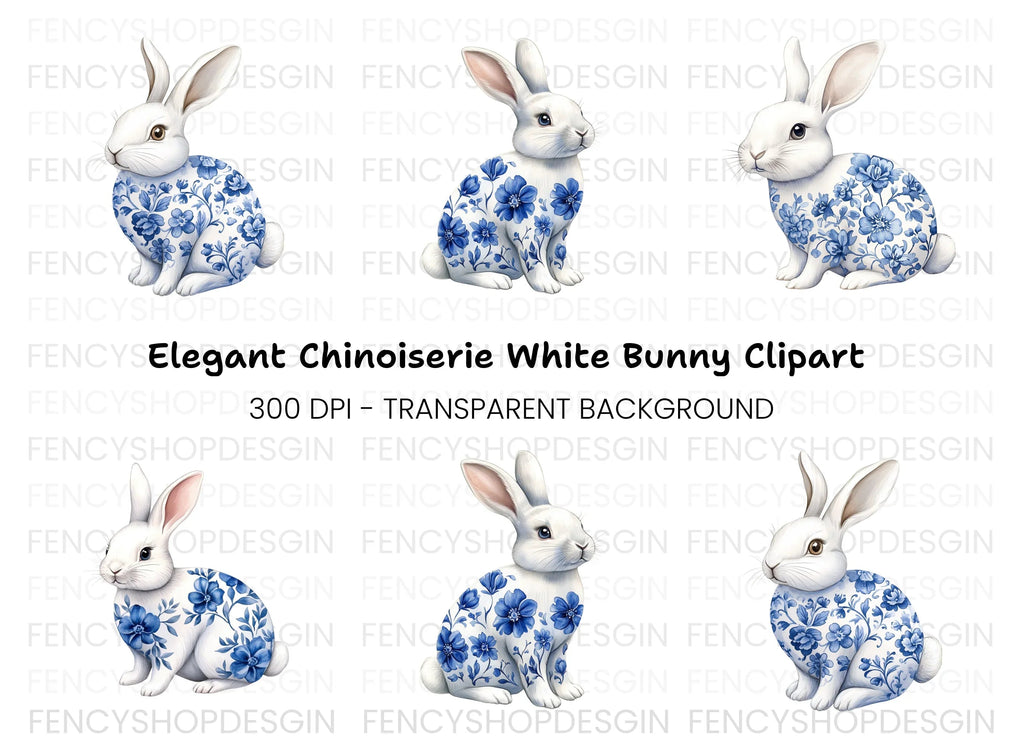 Blue and White Floral Bunny Clipart Bundle