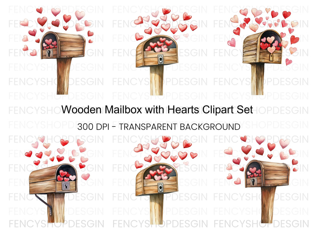 Wooden Mailbox with Falling Hearts Clipart Bundle