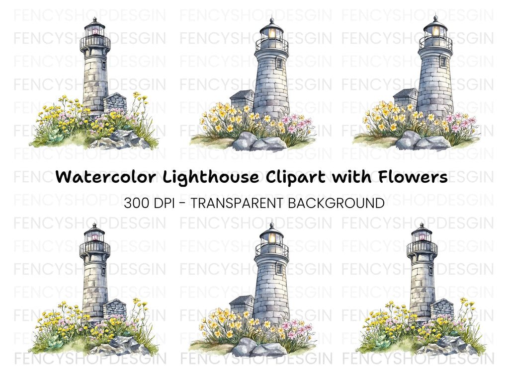 Stone Lighthouse with Flowers Clipart Bundle