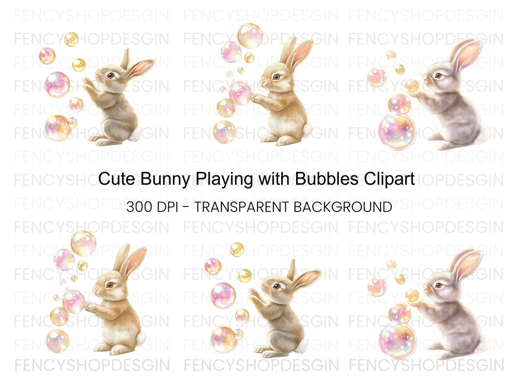 Cute Bunny Playing With Bubbles Clipart Bundle