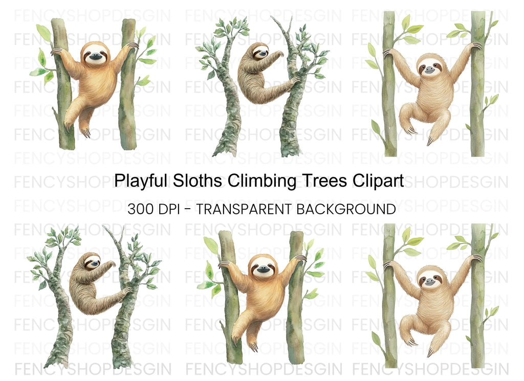 Playful Sloths Climbing Trees Clipart Bundle