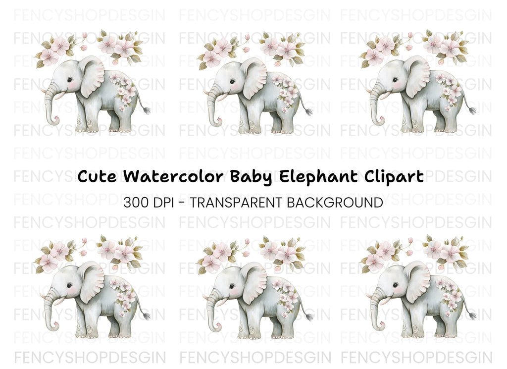 Cute Elephant with Flowers Clipart Bundle