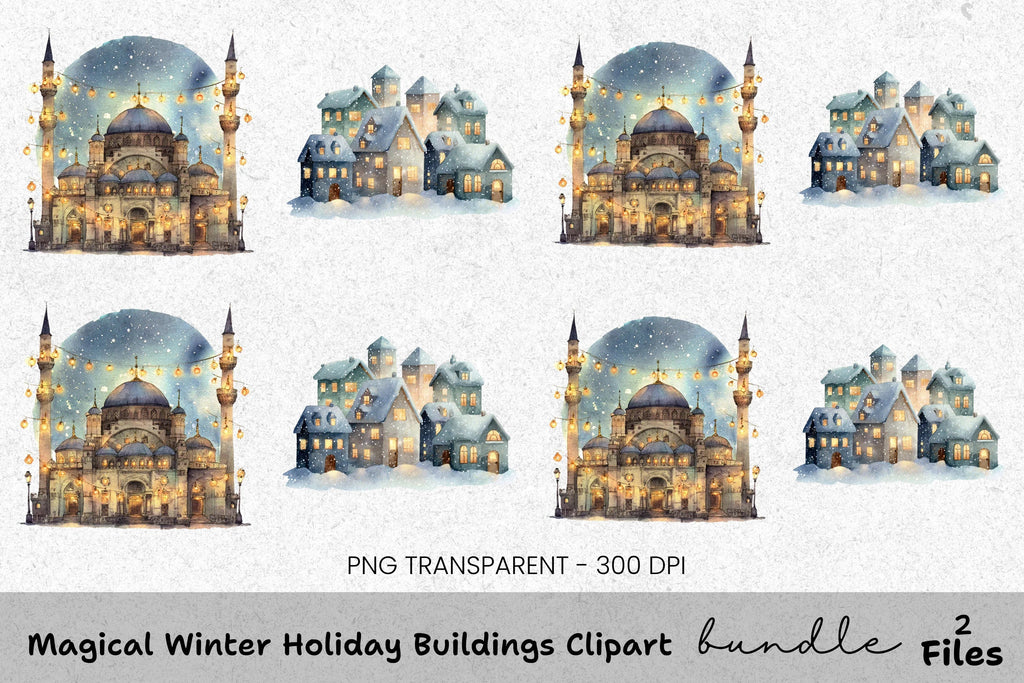 Winter Mosque and Snowy Village Clipart Bundle