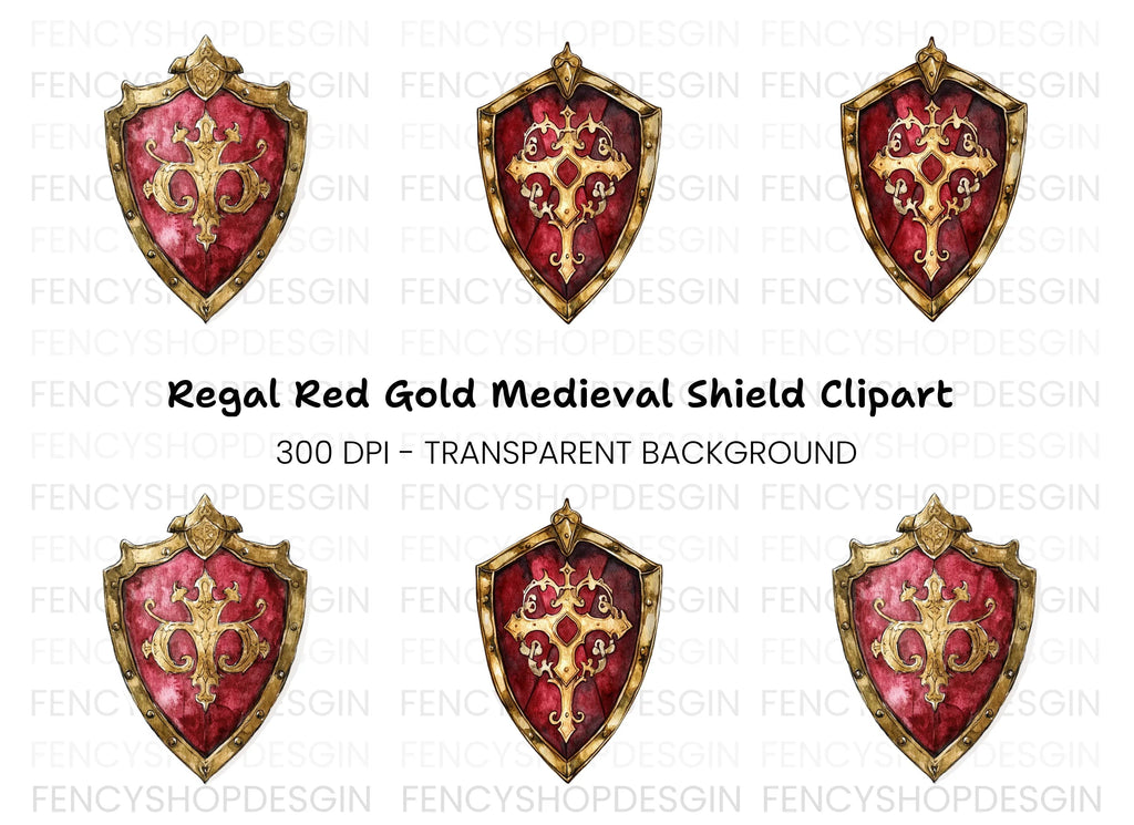 Red Gold Decorative Shield Clipart Bundle