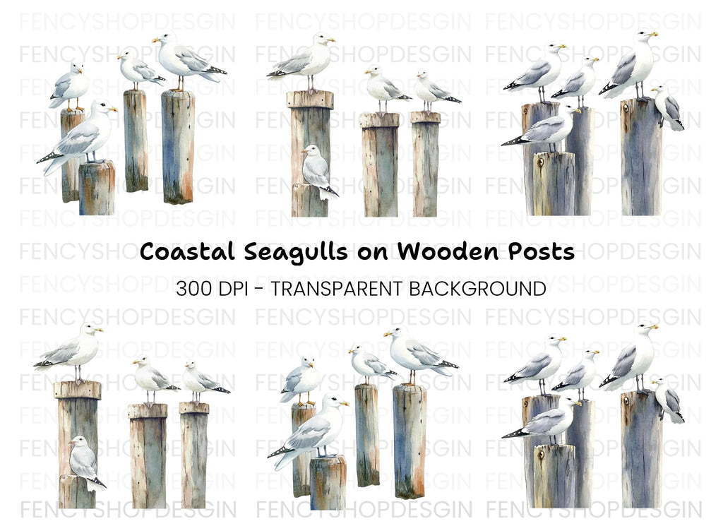 Seagulls on Pier Posts Clipart Bundle
