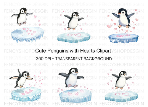 Adorable Penguin Love Hearts Clipart Bundle