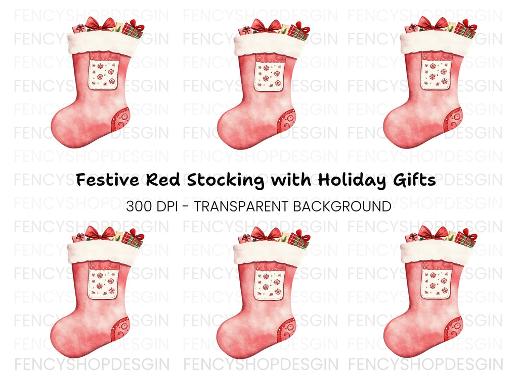 Red Christmas Stocking with Presents Clipart Bundle