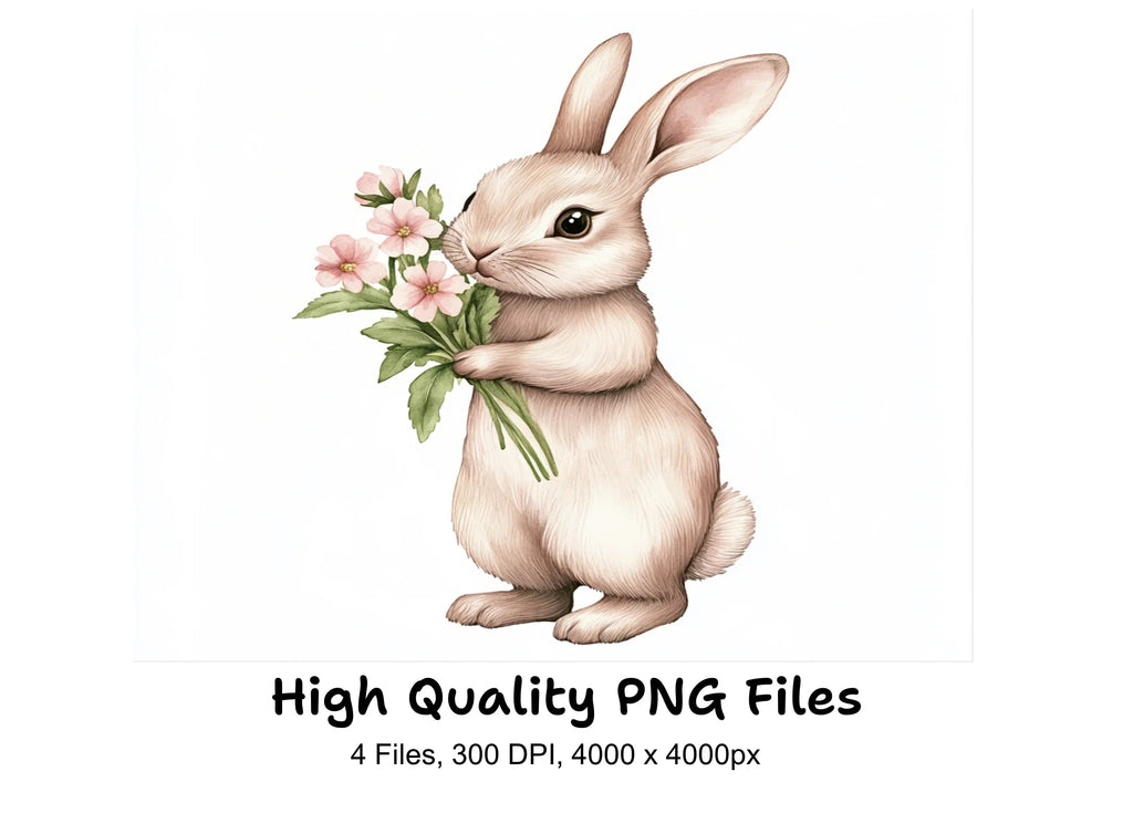 Cute Bunnies with Flower Bouquets Clipart Bundle