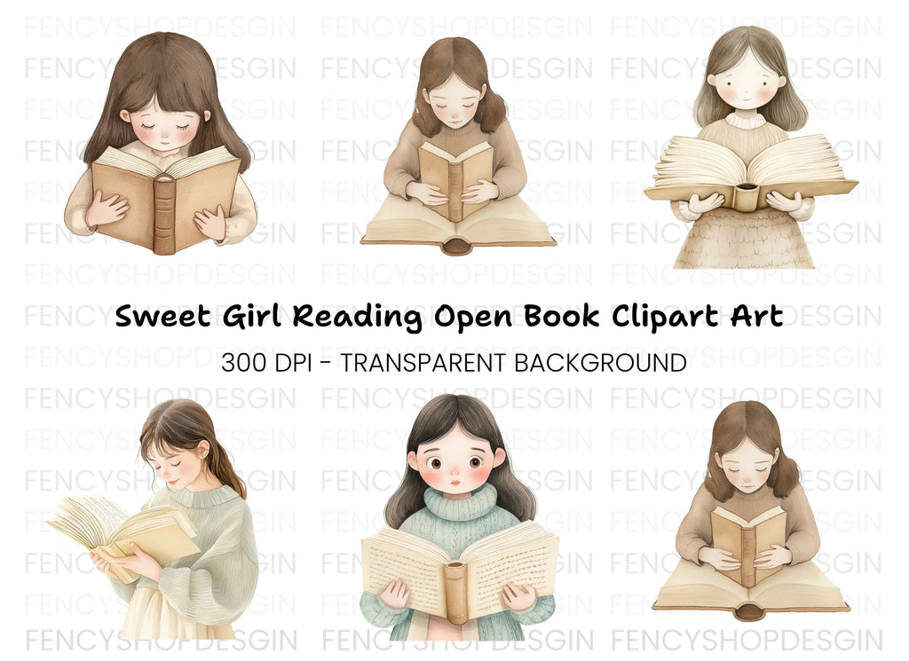 Girls Reading Books Clipart Bundle