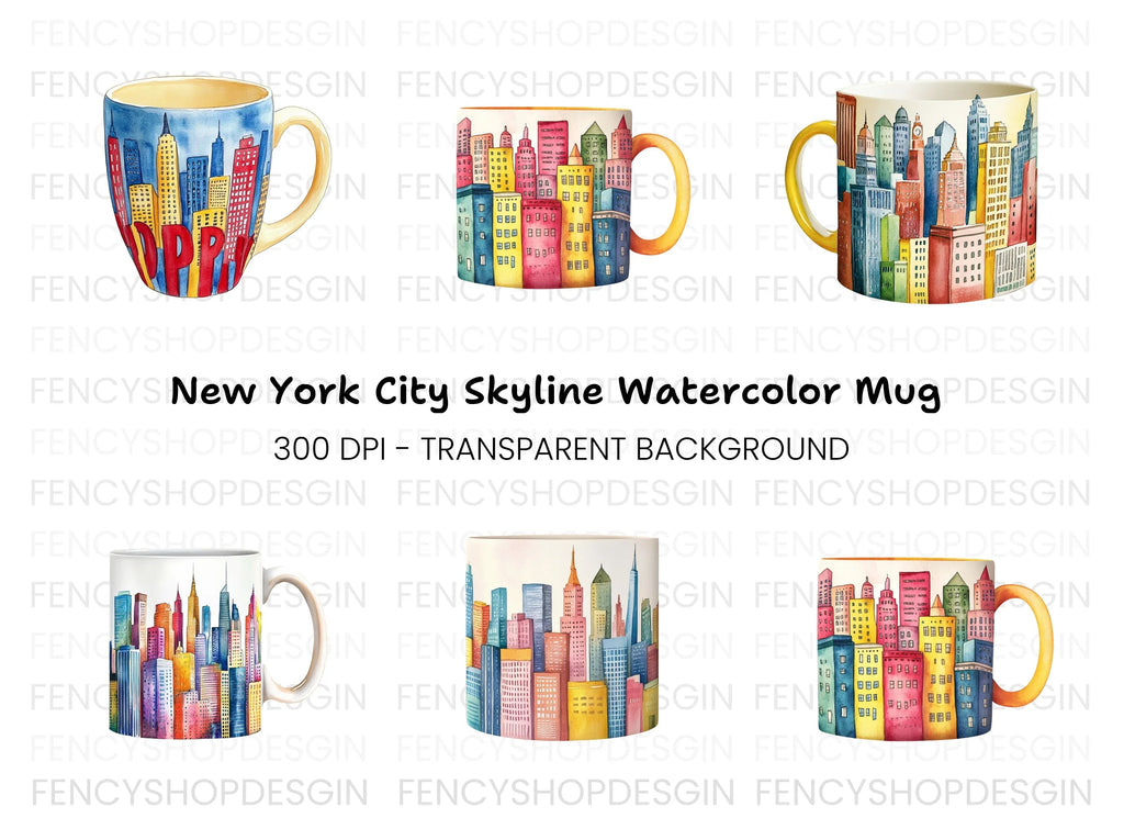 Colorful NYC Skyline Mugs Clipart Bundle