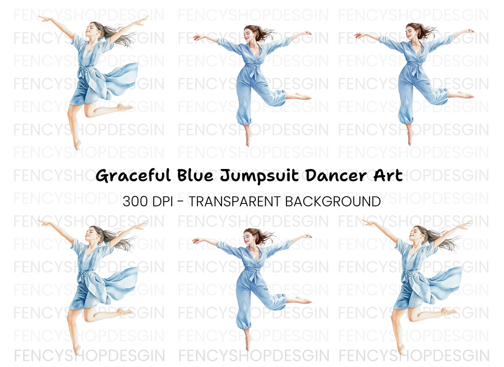Graceful Dancer in Blue Jumpsuit Clipart Bundle