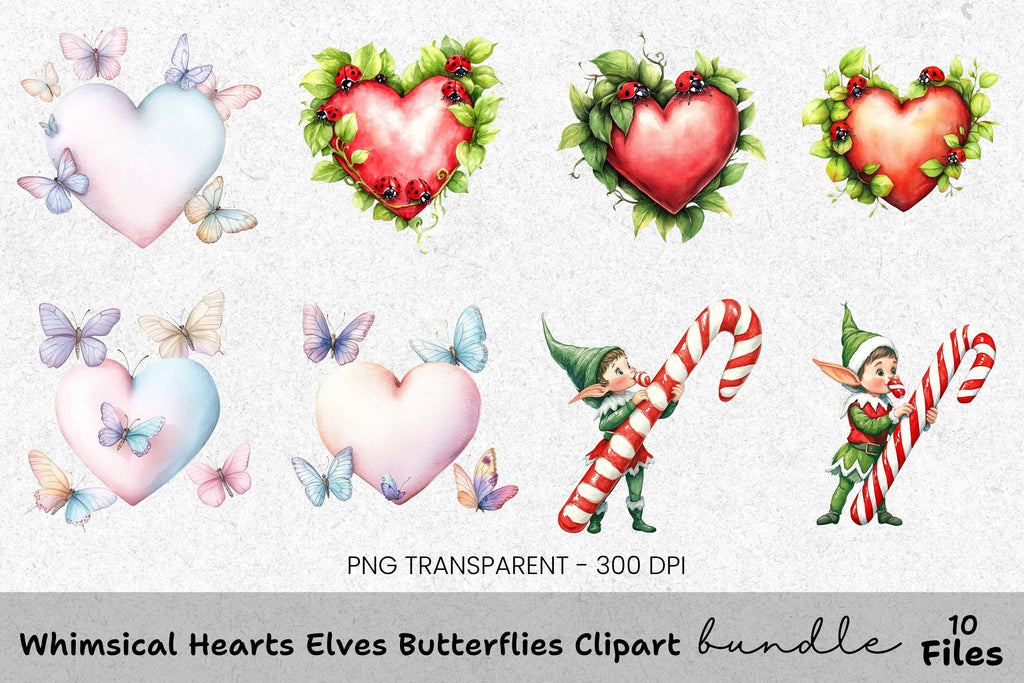 Whimsical Hearts Elves Butterflies Clipart Bundle