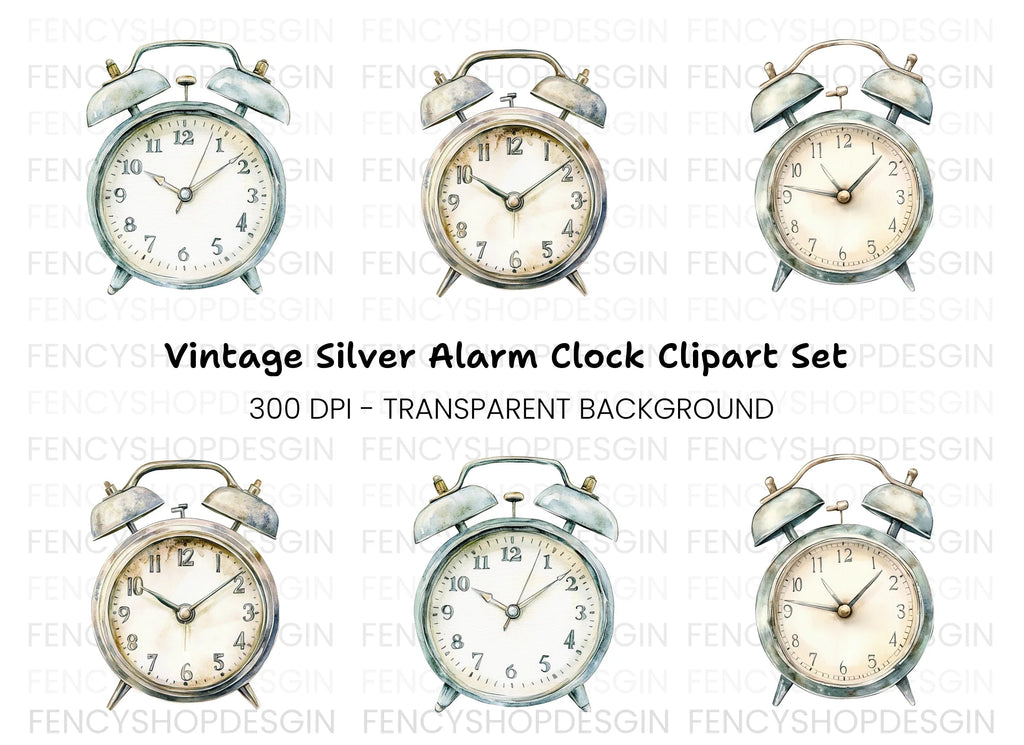 Rustic Silver Alarm Clock Clipart Bundle