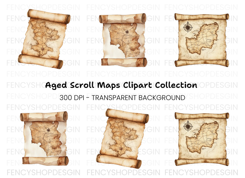 Vintage Scroll Map Clipart Bundle