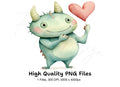 Cute Green Monster with Heart Clipart Bundle