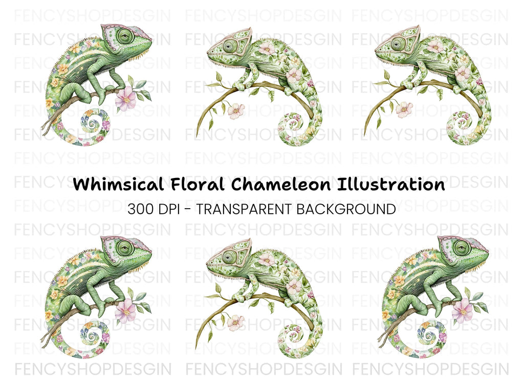 Floral Chameleon Clipart Bundle