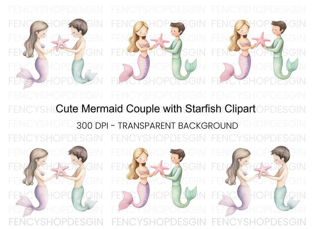 Mermaid and Merman Starfish Clipart Bundle