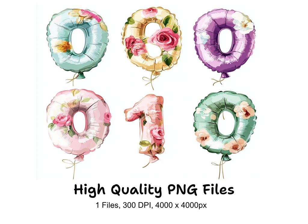 Floral Number Balloons Clipart Bundle