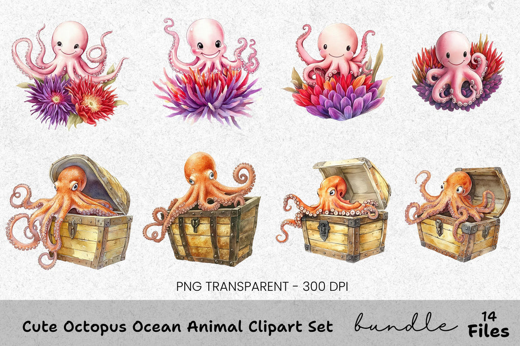 Cute Octopus Ocean Animal Clipart Bundle