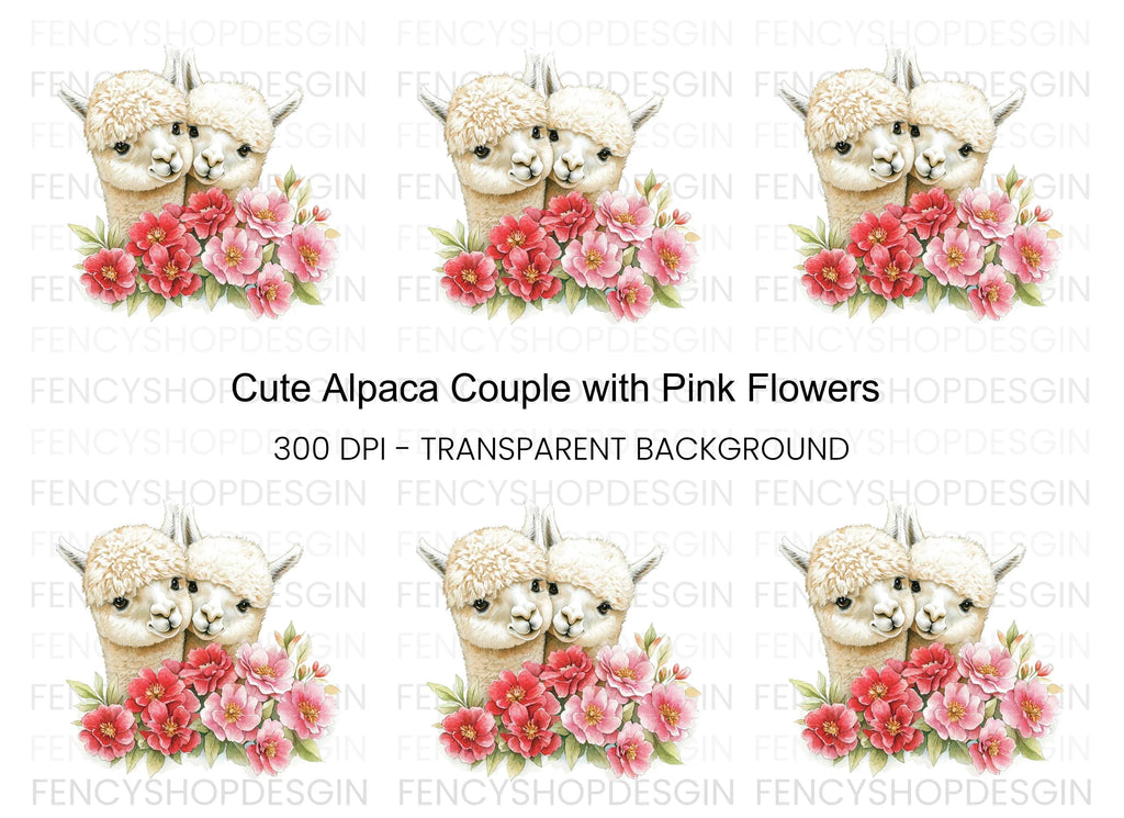 Cute Alpaca Couple with Pink Flowers Clipart Bundle