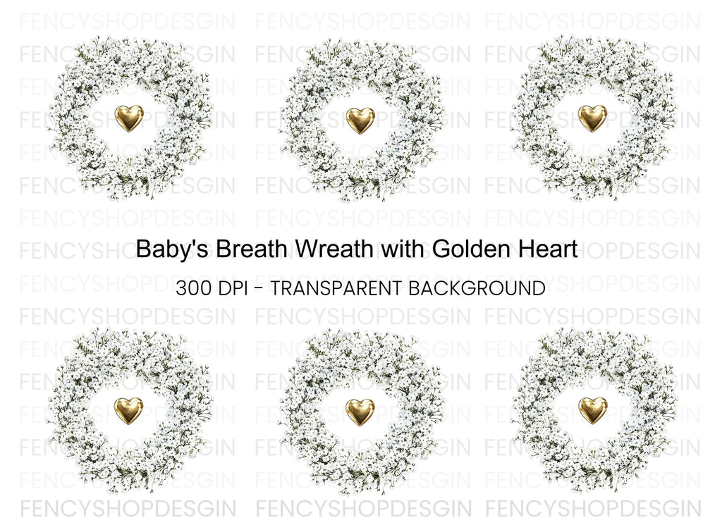 Baby Breath Wreath Gold Heart Clipart Bundle
