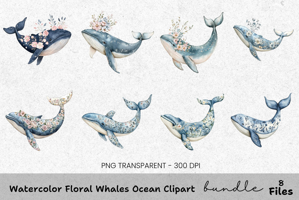 Floral Whales Ocean Clipart Bundle