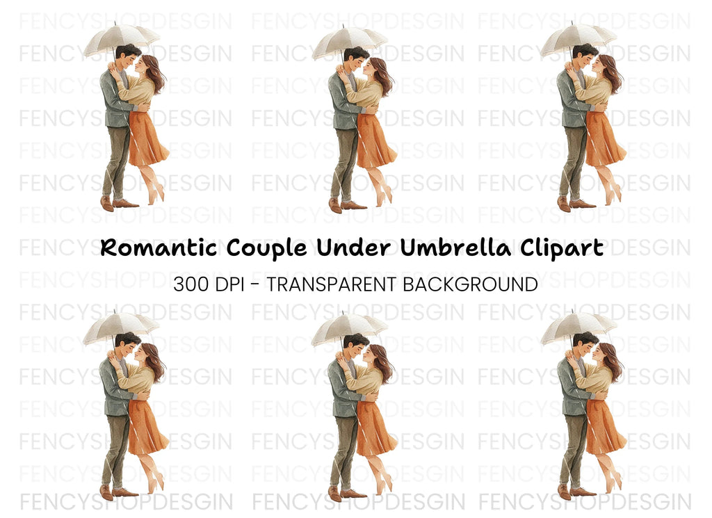 Romantic Couple Under Umbrella Clipart Bundle